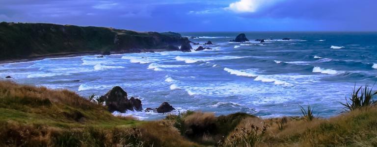 Evening beach with waves.